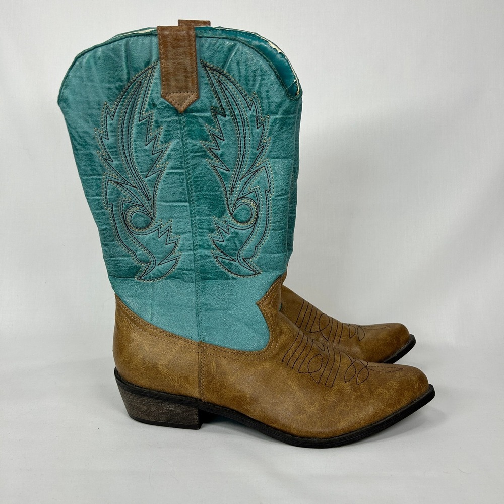 Coconuts "Gaucho" Distressed Brown & Turquoise Western Cowboy Boots WMS US 7.5